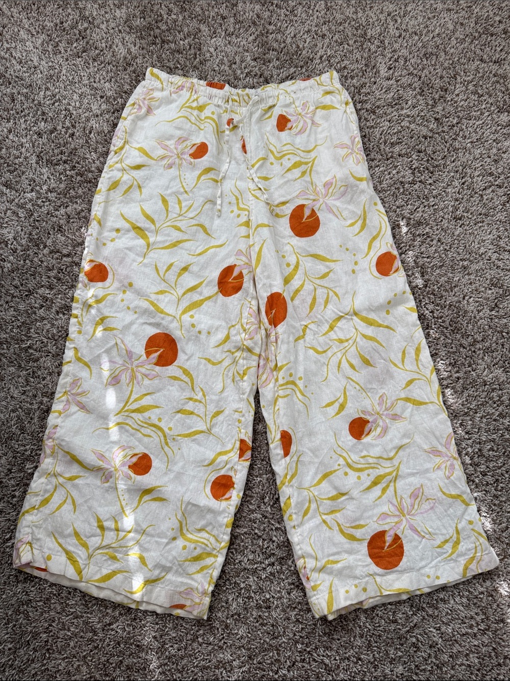 CALYPSO ST. BARTH 100% Linen Wide Leg Floral/Fruit Print Pants White Women Large